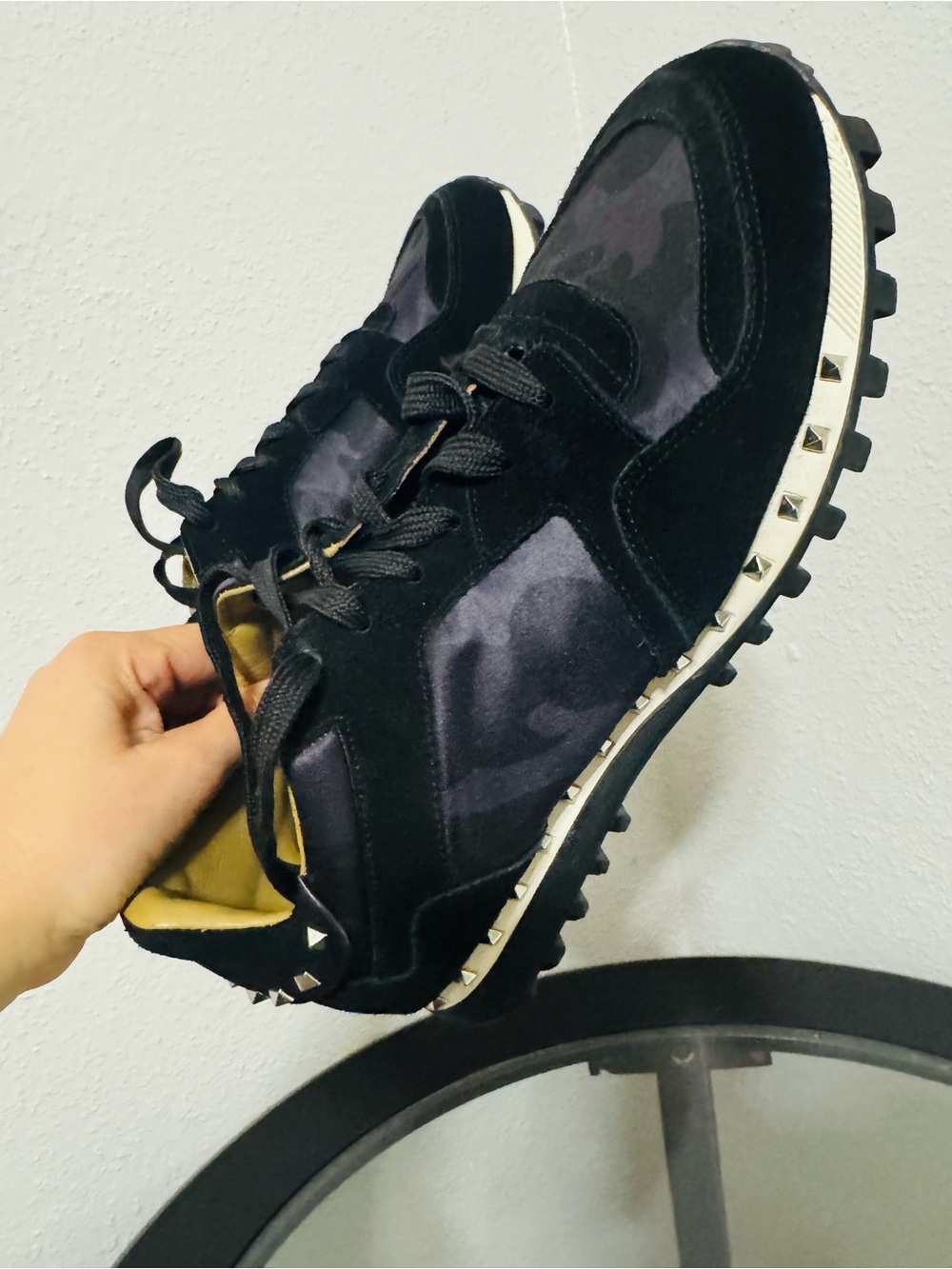 Valentino Garavani Rock Runner Camouflage Black Stud-Trim Sneakers